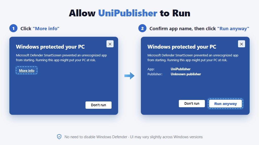 Guide to running UniPublisher with Windows SmartScreen